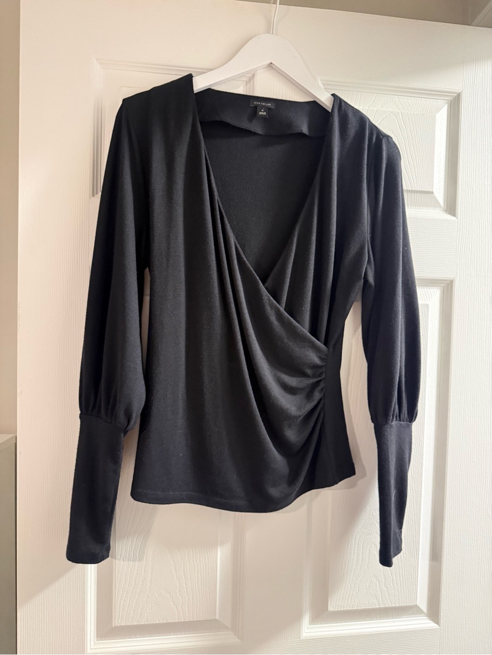 ANN TAYLOR draped wrap V-Neck Long Sleeve Top - Black